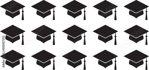 Graduation mortarboards silhouettes arranged in a pattern on a white background for education