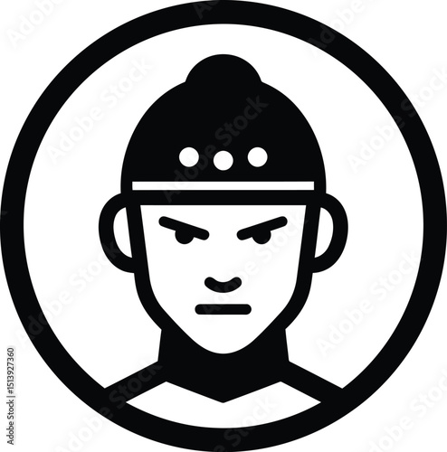 Stern warrior avatar icon. Man with helmet, determined expression. Bold black & white line art for character, game, military, historical theme. AI Generative
