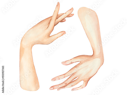 Watercolor Illustration of Female Hands in Gesture Style, Soft Pastel Colors, Artistic Concept