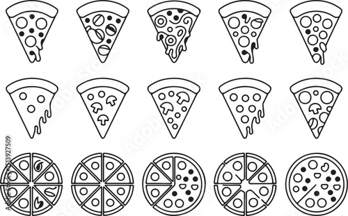 Line art collection of pizza slices and whole pizza pies with various toppings
