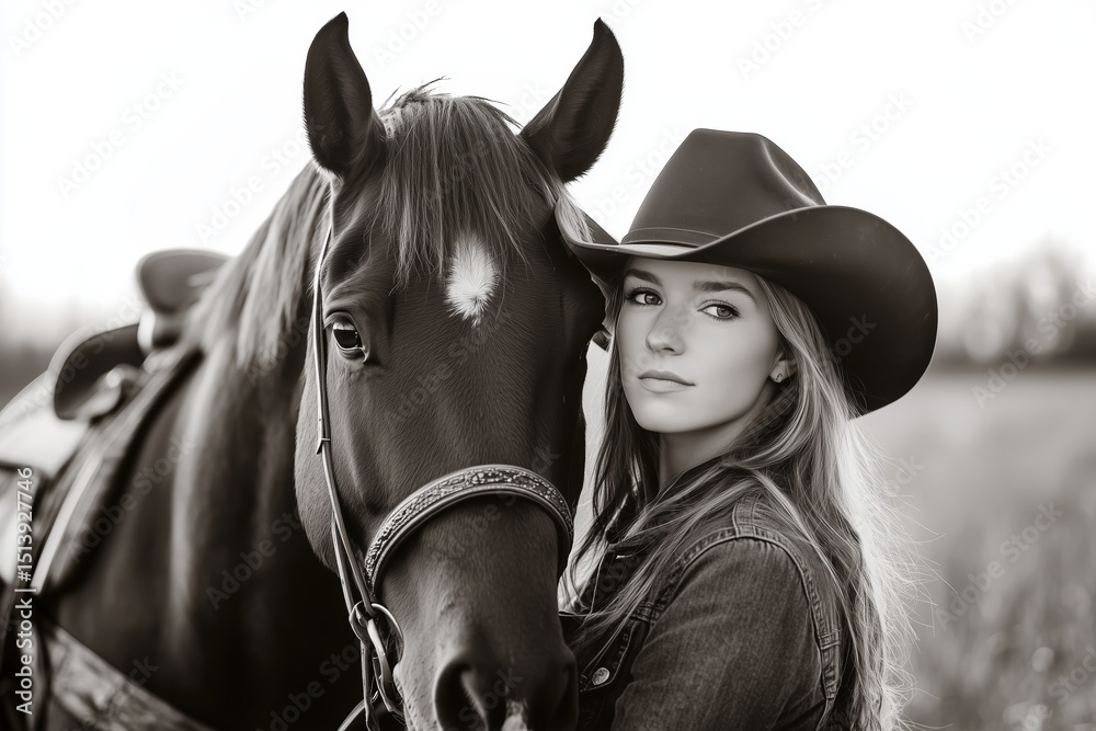 Obraz premium Black and white portrait of young cowgirl standing with horse outdoors