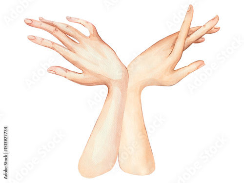 Watercolor Illustration of Graceful Female Hands in Light Pastel Colors Showing Elegant Gesture for Beauty and Artistic Concepts