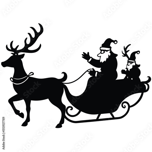 Silhouette of santa claus and a little elf riding his sleigh being pulled by a reindeer