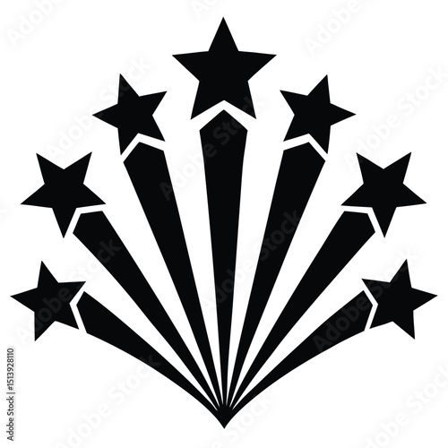 Stylized black and white starburst design featuring multiple shooting star elements