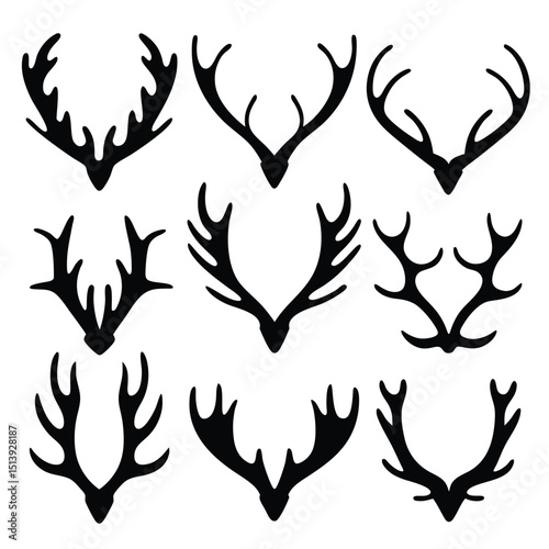Black and white collection of different stylized deer antlers isolated on white background