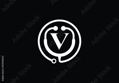 WebInitial V monogram alphabet with doctor stethoscope. Vector stethoscope logo. Logo for medical and pharmaceutical business. 