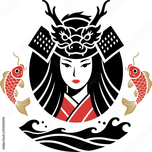 Minimalist Vector Logo of Japanese Female Samurai with Dragon Helmet, Koi Fish, and Waves
