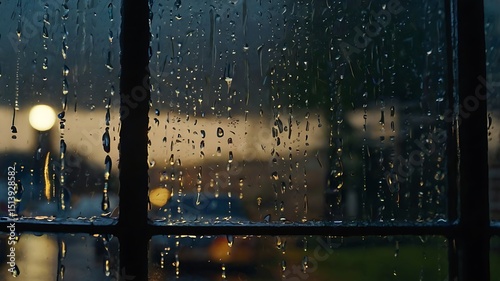 Raindrops on Window Pane Reflecting Sunset's Glow and City Lights
