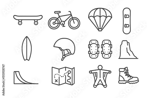 Adventure icons: skateboard, bicycle, parachute, surfboard, helmet, map, boots