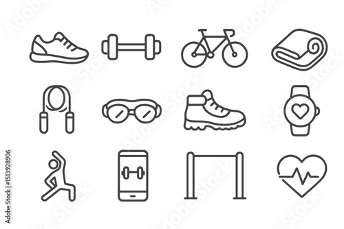 Fitness equipment icons: shoes, weights, bicycle, yoga mat, jump rope, watch