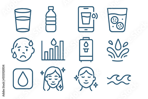 Water consumption and hydration icons on blue background