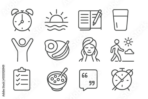 Morning routine icons: alarm, sunrise, exercise, breakfast, relaxation