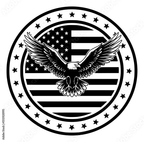 Patriotic american flag circle emblem with majestic bald eagle spread wings and star border