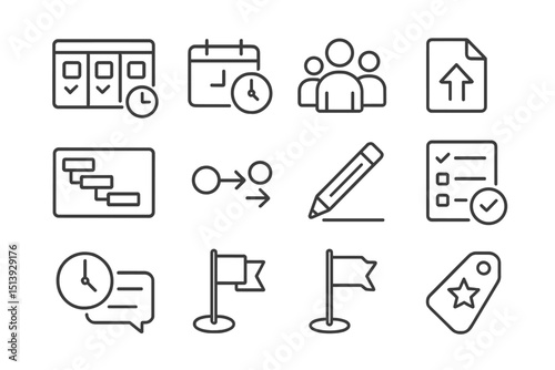 Minimalist project management icons on metallic background