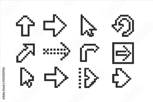 Pixelated pointer and arrow icons on dark grid background