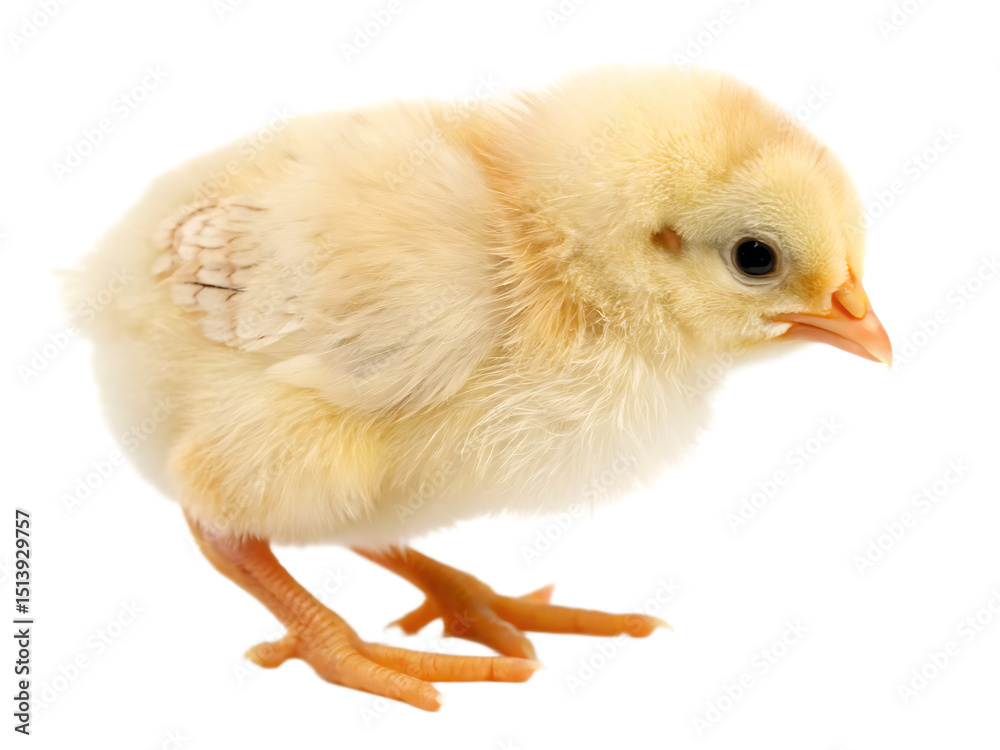 Obraz premium A small fluffy yellow chick standing on its feet against a black background in a studio setting