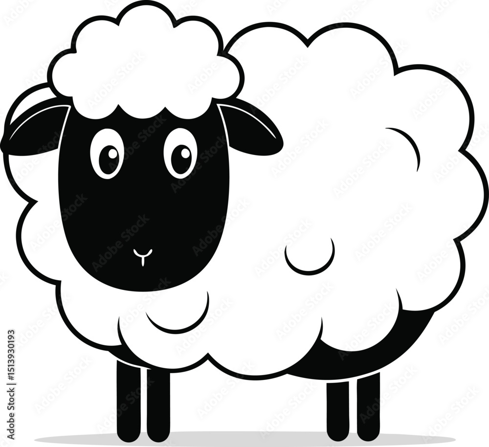 Obraz premium Adorable Cartoon Sheep Illustration Black and White Fluffy Farm Animal