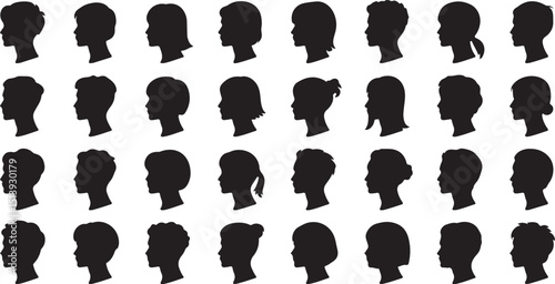 Silhouette collection of various hairstyles and haircuts depicting diverse individuals in black