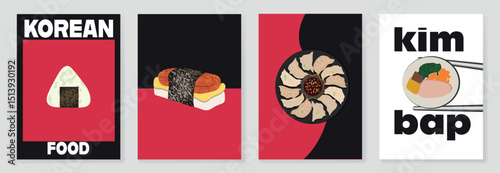 asian korean food with dumpling, onigiri, kimbap, spam musubi. A set of promo templates for a asian restaurant. Advertising with national theme. 