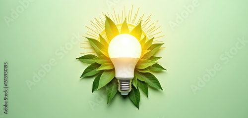 Eco-friendly light bulb with green leaves concept. Symbol of green energy and sustainable resources. Eco tech for carbon neutral goals. Environmental protection illustration.
