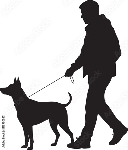 Silhouette illustration of a person walking a dog with leash isolated on white background