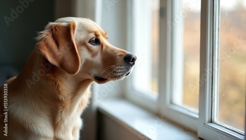 Dog stares out window. Pet with separation anxiety. Lonely domestic animal looks, waits for owner to come home. Mental health and behaviour issue. Tips for pet care.