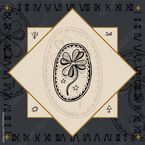 clover four leaves alchemical symbol design engraving vector illustration in vintage old medieval style