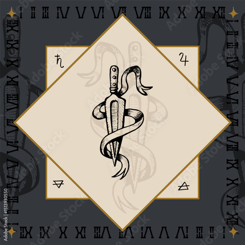 dagger knife ribbon alchemical symbol design engraving vector illustration in vintage old medieval style
