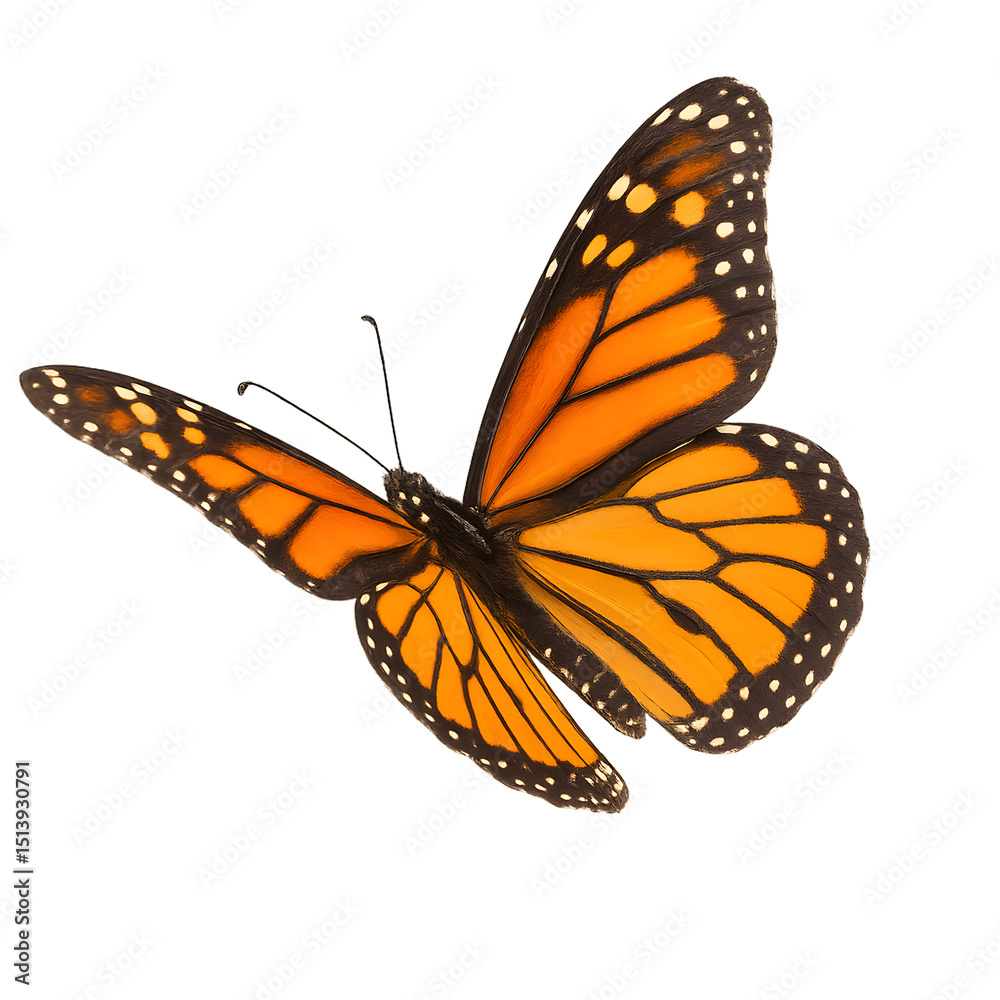 Obraz premium Bright orange monarch butterfly in flight, isolated on white background, showcasing detailed wing patterns for nature, wildlife, and educational or decorative design uses. 