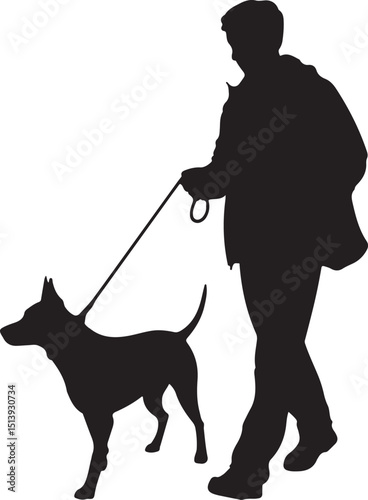 Silhouette of a person walking their dog on a leash with a simple black and white design