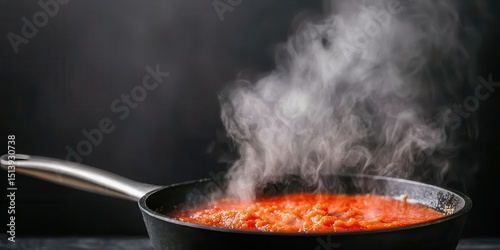 A hot, steaming pan of tomato sauce simmers on a stove against a dark background.