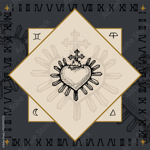 sacred heart with cross glow light religious symbol design engraving vector illustration in vintage old medieval style