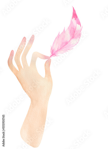 Watercolor Illustration of Delicate Hand Holding Pink Feather in Minimalist Style, Soft Pastel Colors, Symbolizing Lightness and Tenderness