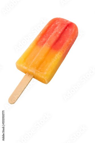Colorful orange and red layered popsicle on a wooden stick, isolated on white, offering a fruity and vibrant frozen treat perfect for summer refreshment and childhood nostalgia.
