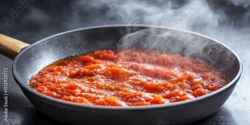 Steaming tomato sauce simmers in a black frying pan on a dark surface, releasing visible steam.