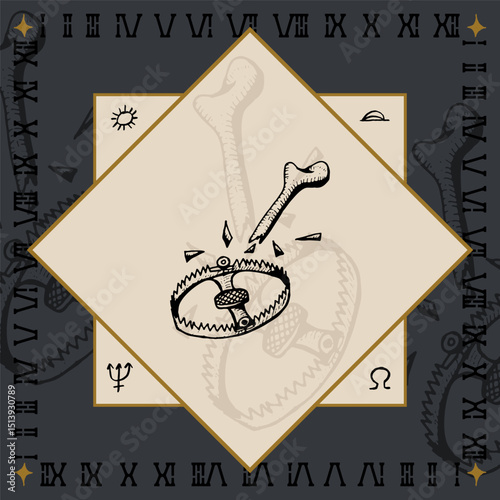 broken bone trap alchemical symbol design engraving vector illustration in vintage old medieval style