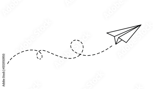 Paper plane with dotted line travel and route symbol in line style, Origami paper airplane, Black linear paper plane icon.
