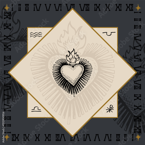 sacred heart flame fire light religious symbol design engraving vector illustration in vintage old medieval style