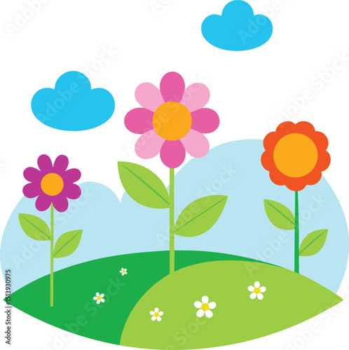 fun bouncy spring flower field vector art illustration.