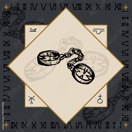 handcuff shackle chain alchemical symbol design engraving vector illustration in vintage old medieval style