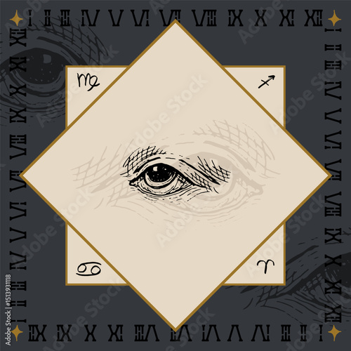 eye alchemical symbol design engraving vector illustration in vintage old medieval style