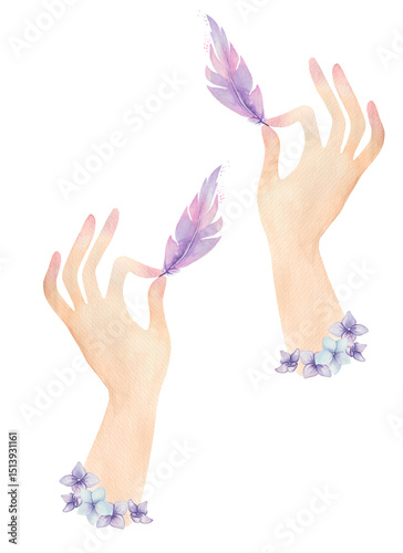Watercolor Hands Gently Holding Purple Feather in Artistic Minimalist Style