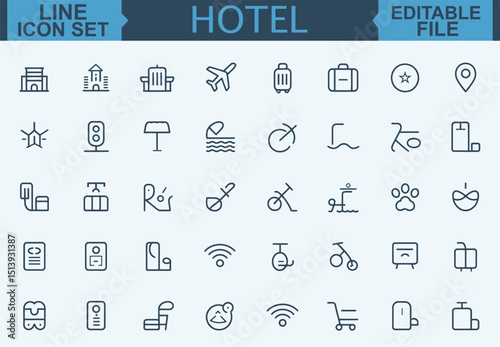 Hotel Line Icon Set Room, Reception, Taxi, Booking, Hostel, Key Card, Check-In, Passport, Safe, Laundry, Fitness, and Pool Symbols in Vector Illustration	