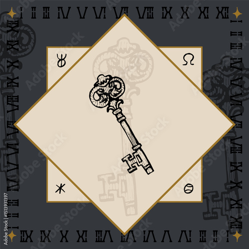 vintage old key alchemical symbol design engraving vector illustration in vintage old medieval style