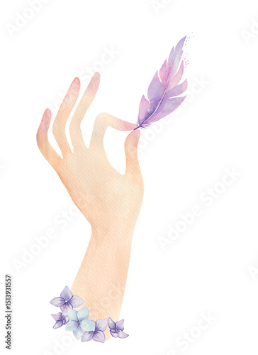 Watercolor Illustration of Elegant Female Hand with Purple Feather and Floral Bracelet on White Background