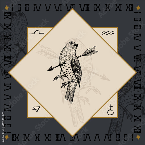 arrow hit dead bird alchemical symbol design engraving vector illustration in vintage old medieval style
