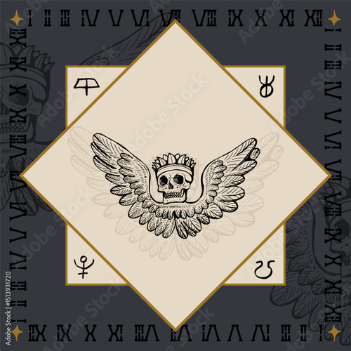 human skull with wings and crown alchemical symbol design engraving vector illustration in vintage old medieval style