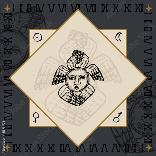 winged sun alchemical symbol design engraving vector illustration in vintage old medieval style