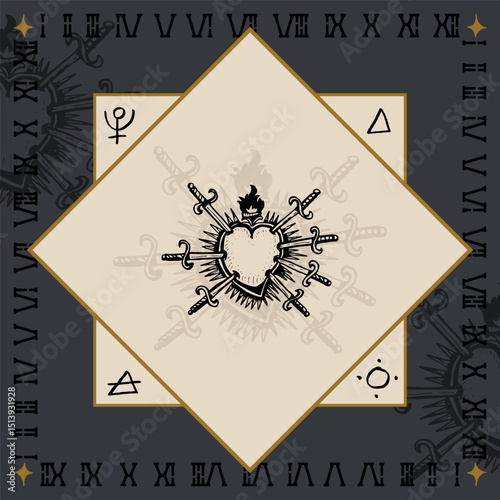 sacred heart seven sorrows swords wounds religious symbol design engraving vector illustration in vintage old medieval style