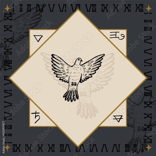 dove pigeon holy spirit religious symbol design engraving vector illustration in vintage old medieval style